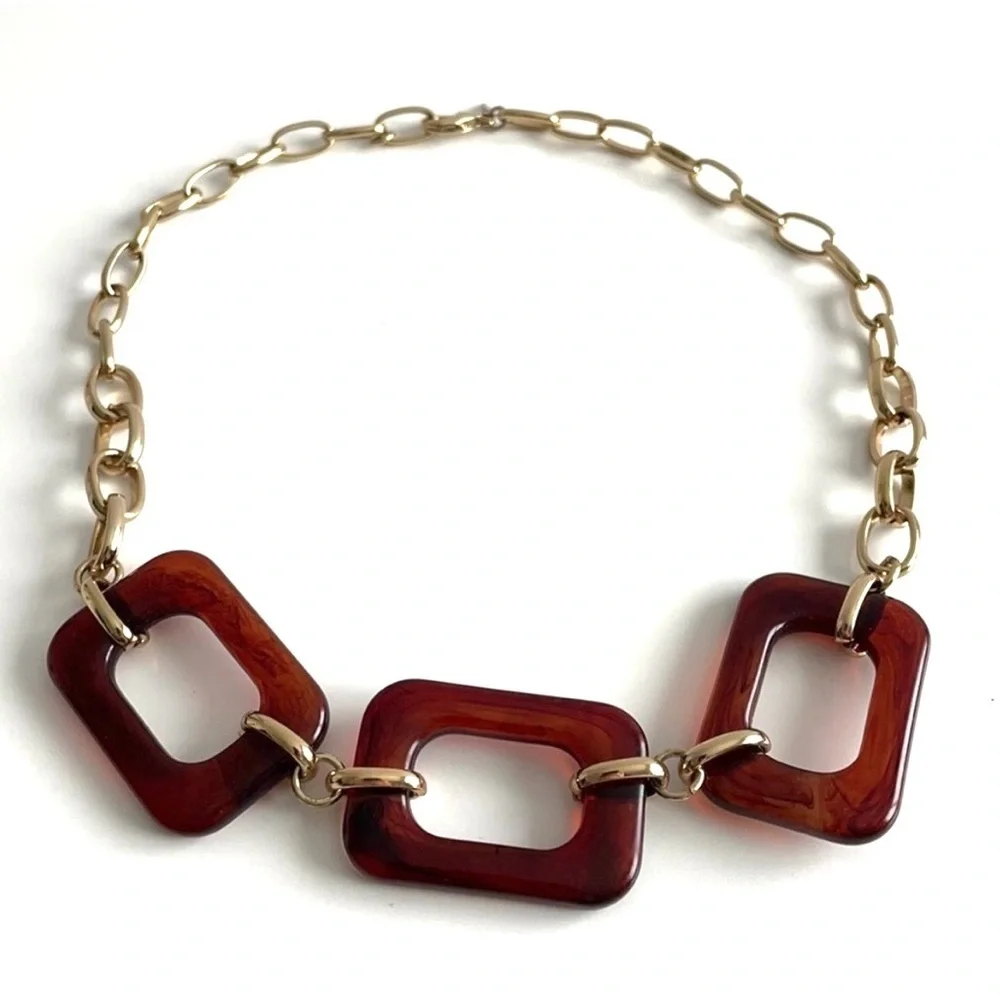 Large Statement Choker Style Acrylic Rectangle Tortoise Necklace - Picture 2 of 9